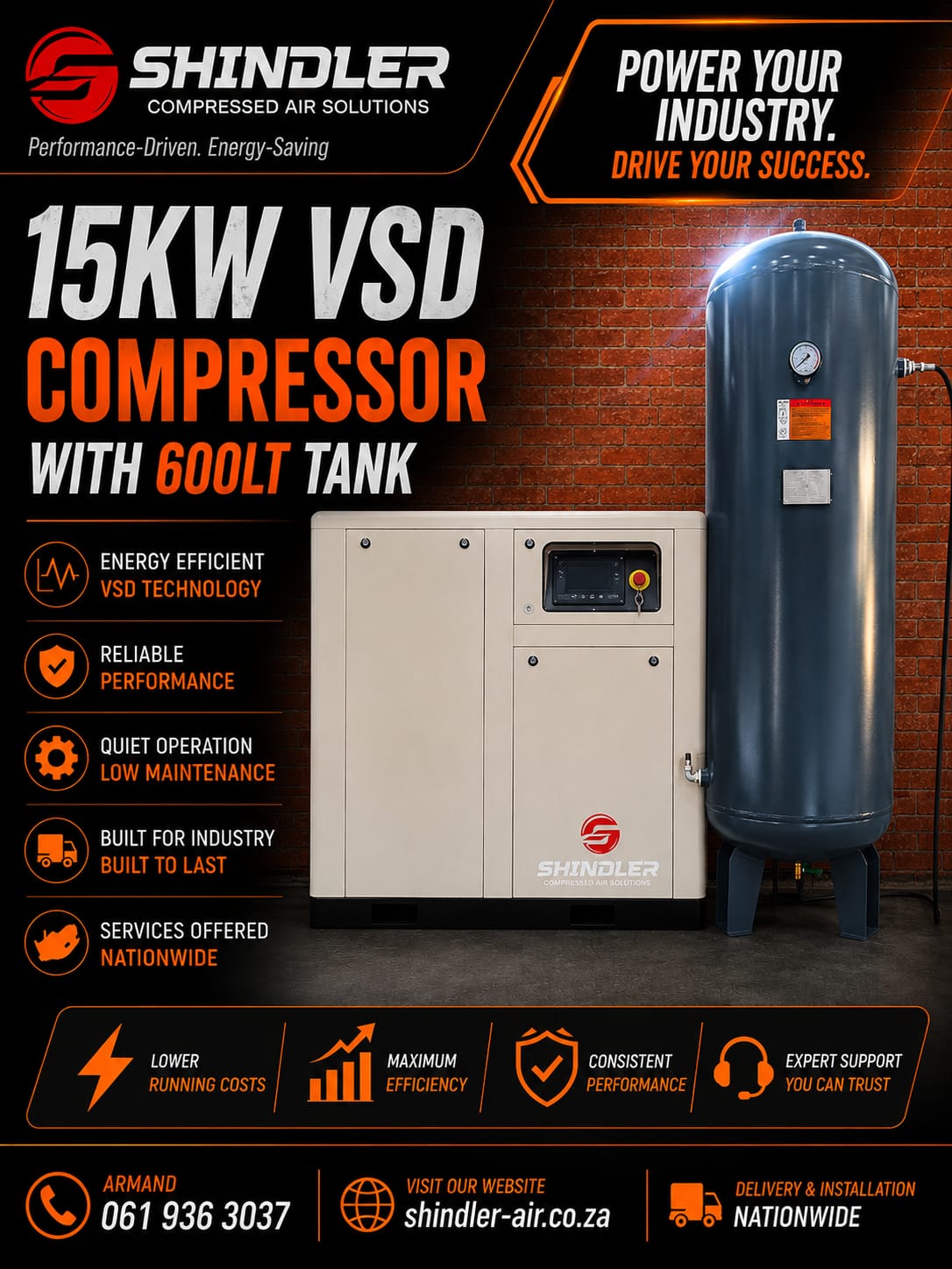Shindler Air 15kw VSD Screw Compressor with 600lt Receiver Tank 1